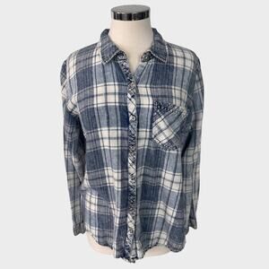 Given Kale Medium 100% Cotton Blue White Plaid Button Front Shirt